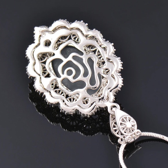 Lace Pattern Oval Gray CZ Pendant Long Necklace For Women - Picture 2 of 4